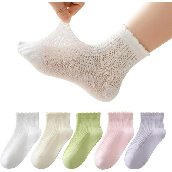 5 Pack Toddler Baby Girls Ruffle Socks Summer Mesh Thin Frilly Dress Solid Ankle Socks for 1-8T Kids