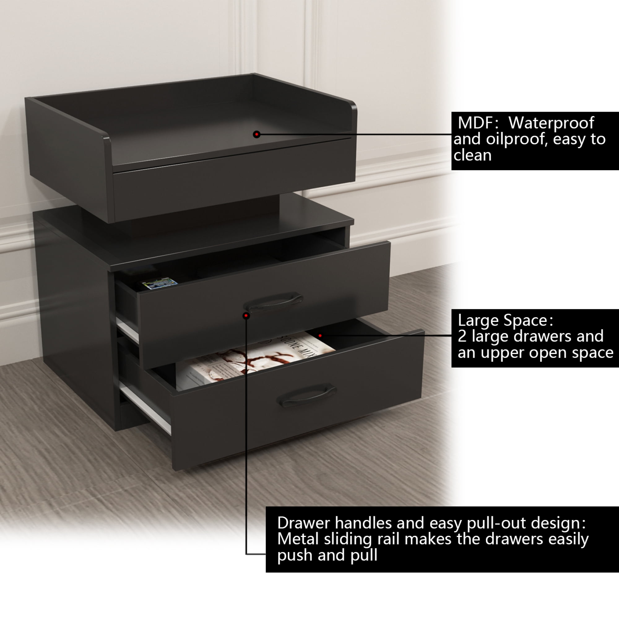 Leumius Nightstand with Adjustable LED & 2-Drawers,Modern Bedside Table, Coffee Table,Sofa Side Table,End Table for Bedroom Living Room,Black
