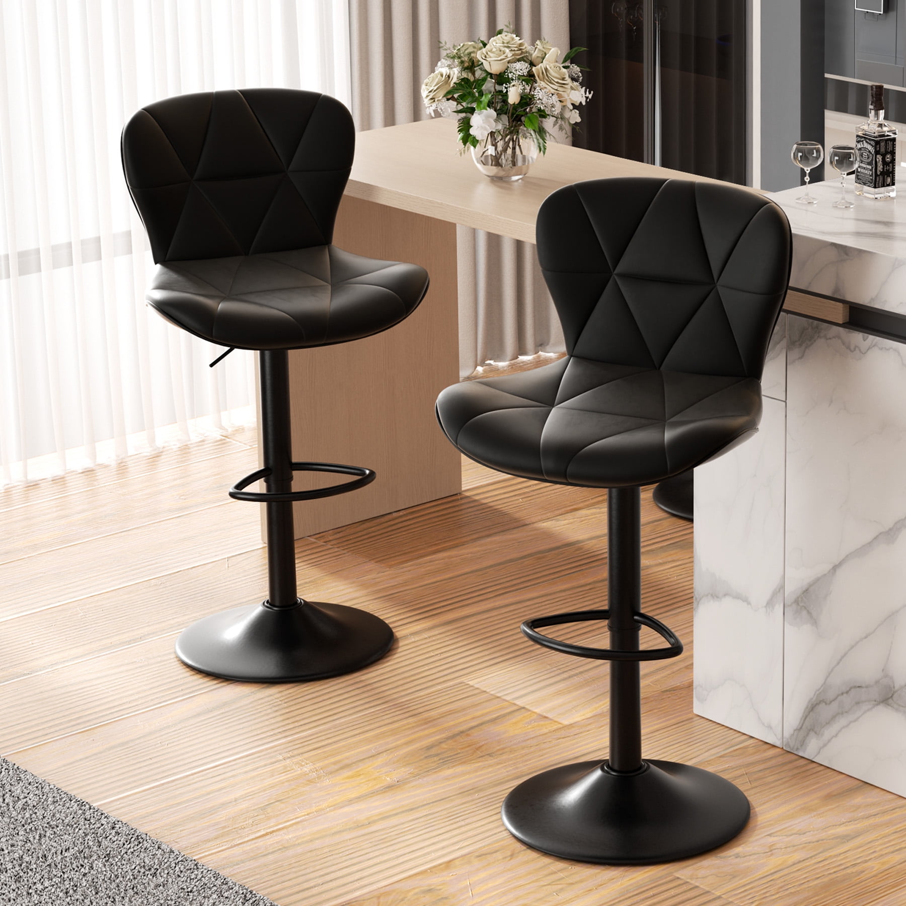 Hawsaiy Modern Bar Stools Set of 1, Adjustable Faux Leather Upholstered Swivel Bar Stools, Counter Height Bar Chairs with Back for Kitchen Island, Black