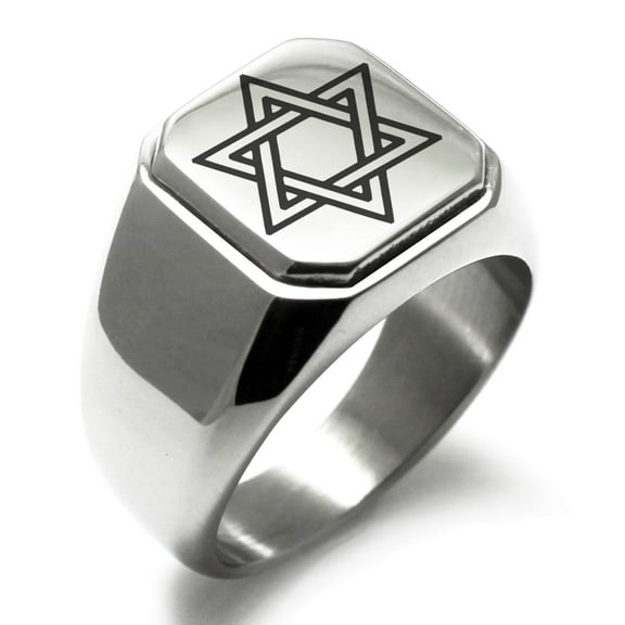 Tioneer Stainless Steel Interlocking Hexagram Star of David Engraved Square Flat Top Biker Style Polished Signet Ring