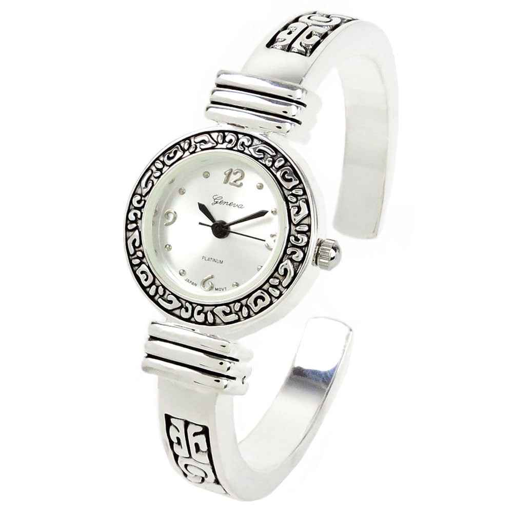 Geneva Silver Western Style Decorated Bangle Cuff Watch for Women