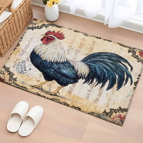 2x3 Ft Entryway Area Rug, Blue Retro Rooster Kitchen Rug Runner Washable Floor Mat, Pastoral Elegant Animals Non Slip Indoor Door Mat Throw Carpet for Bathroom Living Room Bedroom