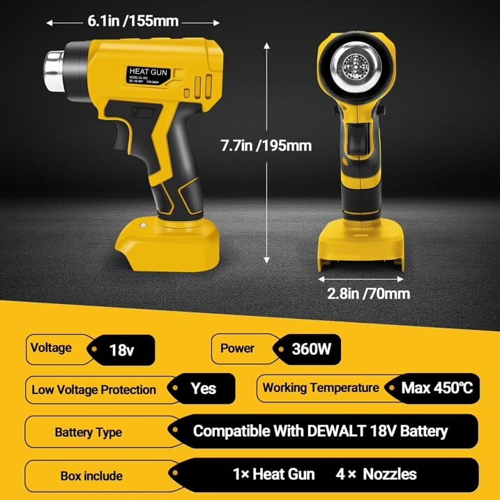360W Cordless Heat Gun Compatible with DeWalt 20V Max Battery, Adjustable Temperature Hot Air Gun with 4 Nozzles, Portable Heat Gun for Shrink Wrap, PVC, Paint Removal (Tool Only)