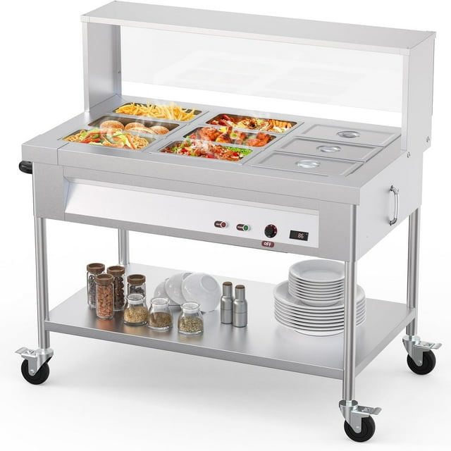 Garvee 9 Pans Commercial Food Warmer, 72 QT, with Lockable Wheels 1500W/110V, Silver