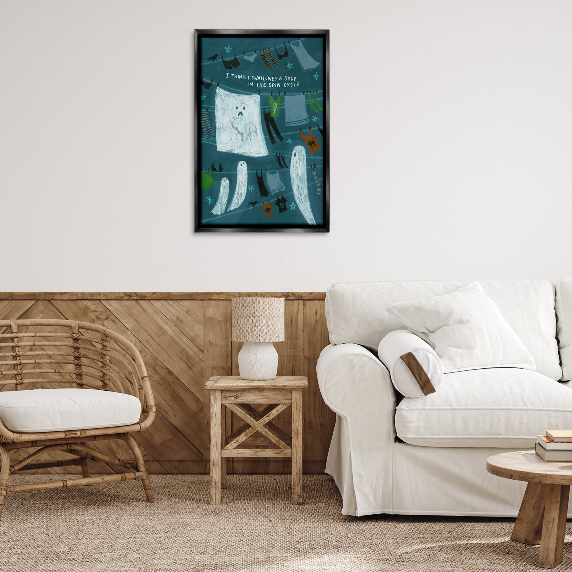Stupell Industries Spooky Laundry Mystery Holiday Painting Black Floater Framed Canvas Art Print Wall Art, 21 x 31