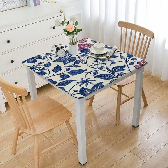 HAOXIT Polyester Fitted Square Tablecloth, Elastic Edge Waterproof Oil Proof Decor Tablecloths with Dark Blue Floral, for Living Room Terrace Party Washable Table Clothes 36*36