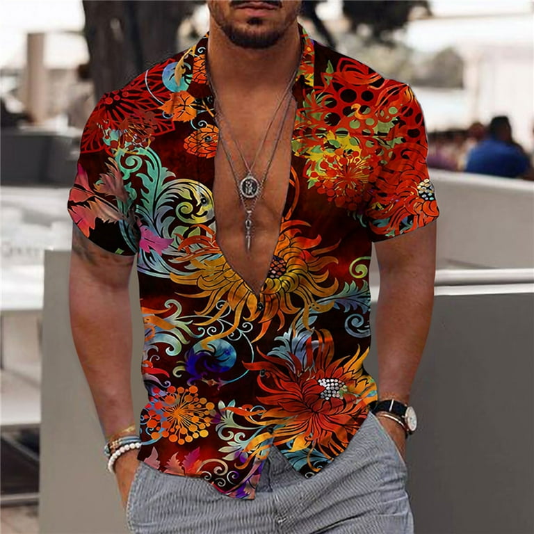 VSSSJ Big and Tall Mens Hawaiian Shirt Casual Button Down Short Sleeve  Collared Shirts Tropical Floral Printing Summer Beach Funny Tops Orange  XXXXL