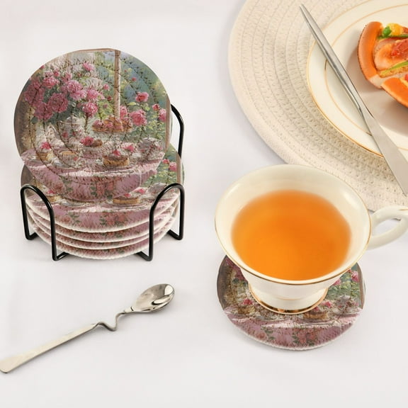 BZSMCE 6Pcs Drink Coasters With Holder 3.94Inch Tea Set with Pink Roses Creative Coil Coaster Coasters Colors Absorbent Coasters for Drinks Coasters Set Thicken Heat for Home Table