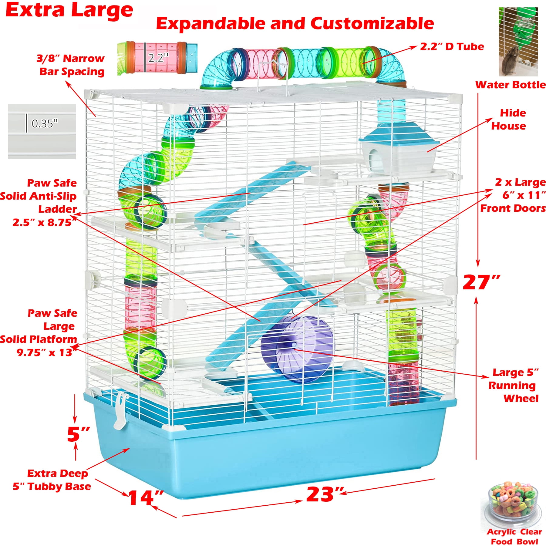 X-LARGE Deluxe 5-Story Easy Setup Sturdy Hamster Palace  Mouse Habitat Gerbil House Critters Mice Home Cage with Complete Set of Accessories Expandable and Customizable Crossover Tube Tunnel