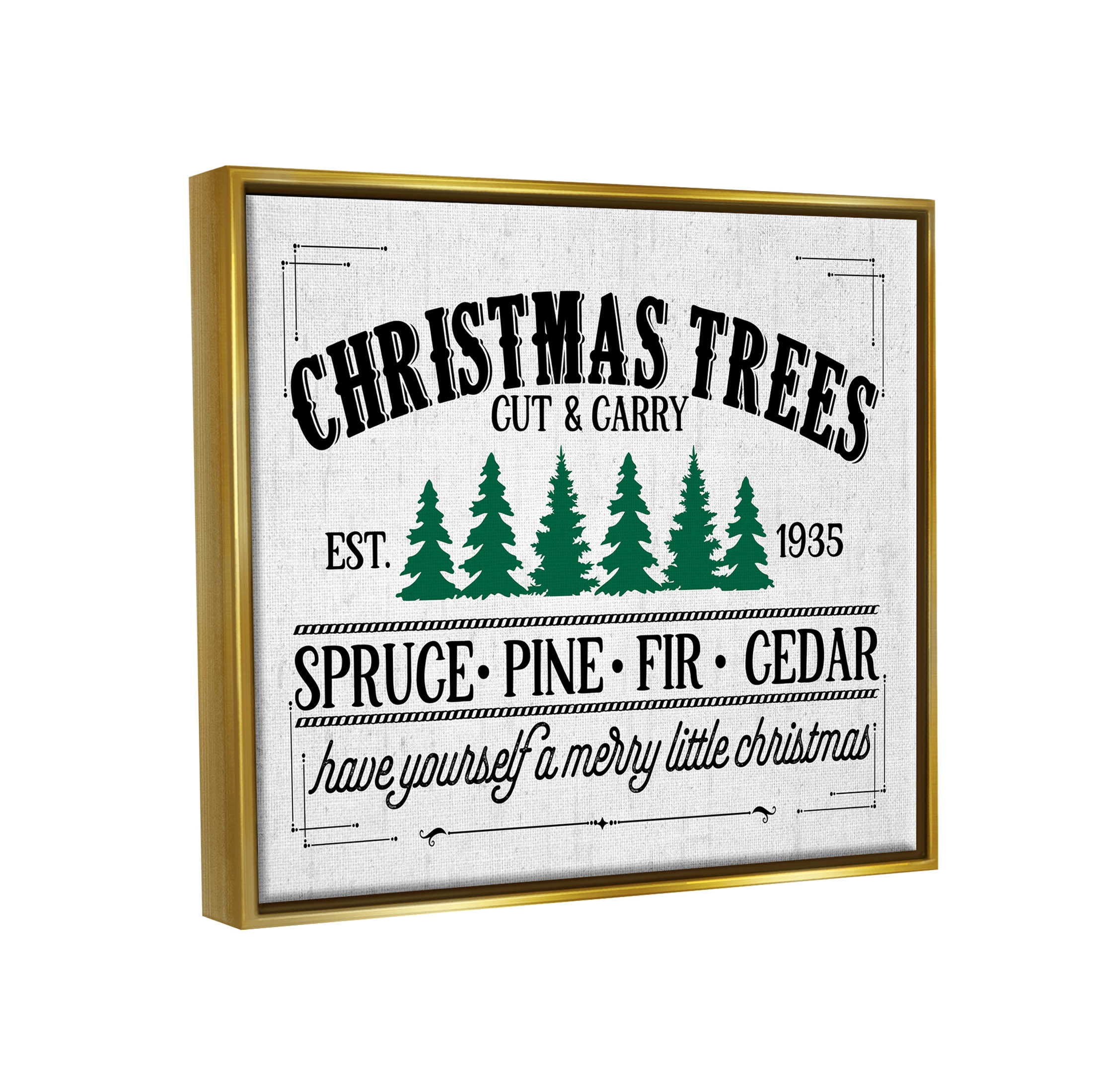 Stupell Industries Christmas Trees Vintage Sign Graphic Art Metallic Gold Floating Framed Canvas Print Wall Art, Design by Lettered and Lined