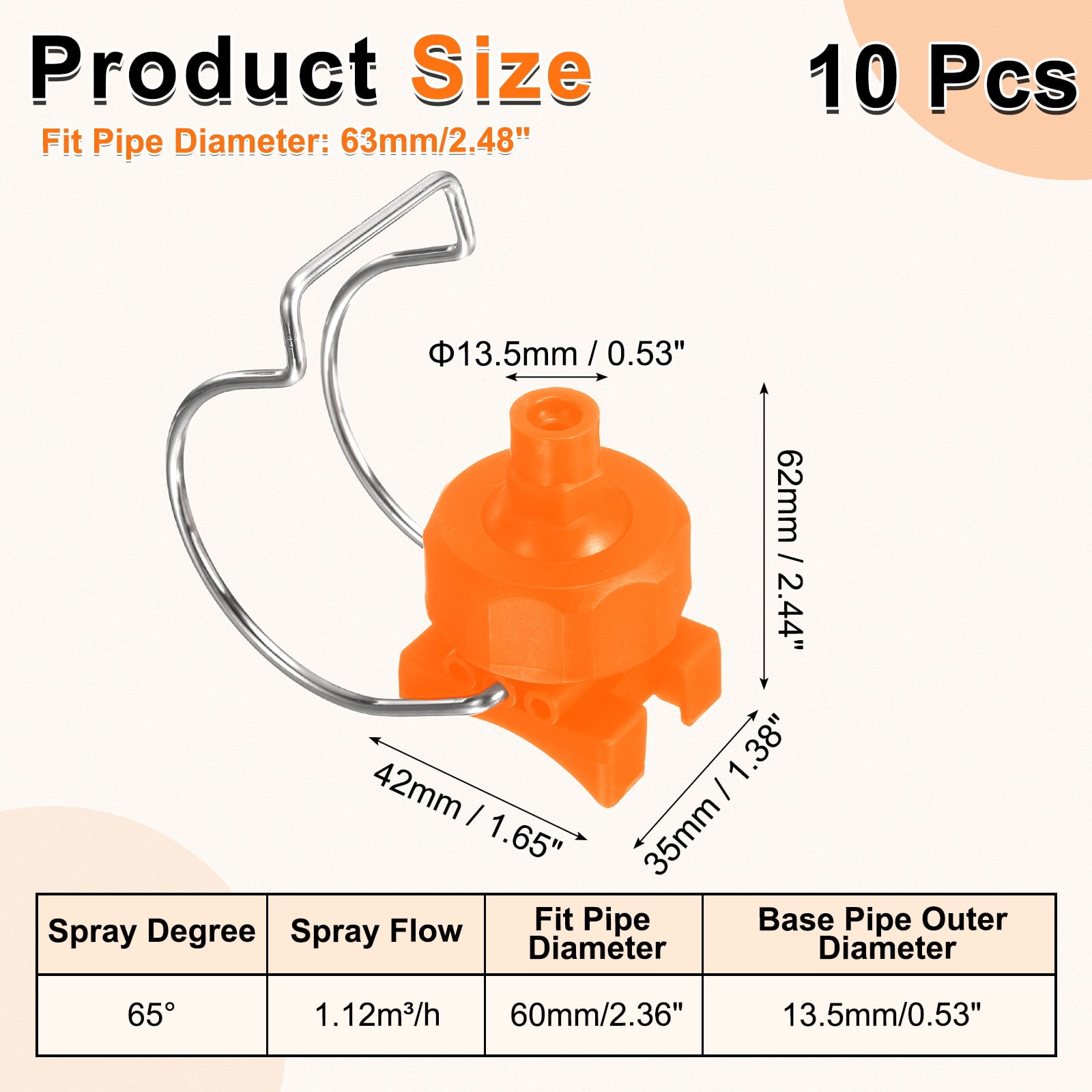 10Pack 65 Degree Spray Nozzle with Clip Fit 63mm/2.5" Hose, 1.12m³/h