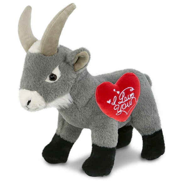 DolliBu I Love You Plush Super Soft Grey Goat - Cute Stuffed Animal Goat with Red Heart Plush for Valentines, Anniversary, Romantic Date, Boyfriend, or Girlfriend Gift - 12 Inches