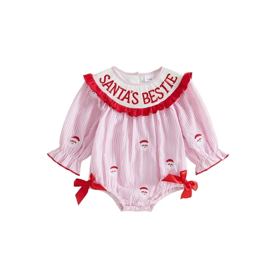 Loicainy Infant Baby Girl Christmas Romper 3 6 12 18 Months Stripe Embroidery Crew Neck Long Sleeve Bodysuit