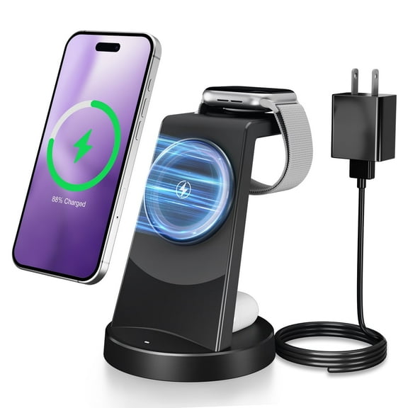 Wireless Charger, 15W Fast Wireless Charging station for iPhone 16 15 14 13 12 Pro X Max XR, Compatible with AirPods iWatch,3 in 1 Magnetic Stand