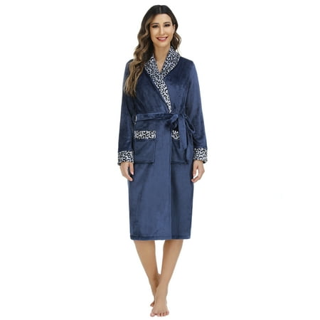 

Women\ s Large Lapel Patchwork Leopard Print Flannel Robe
