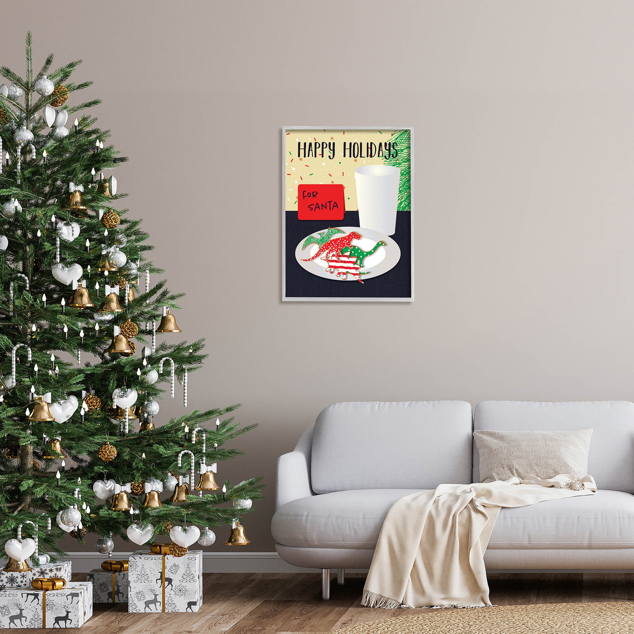 Happy Holidays Dinosaur Santa Cookies Holiday Graphic Art Gray Framed Art Print Wall Art