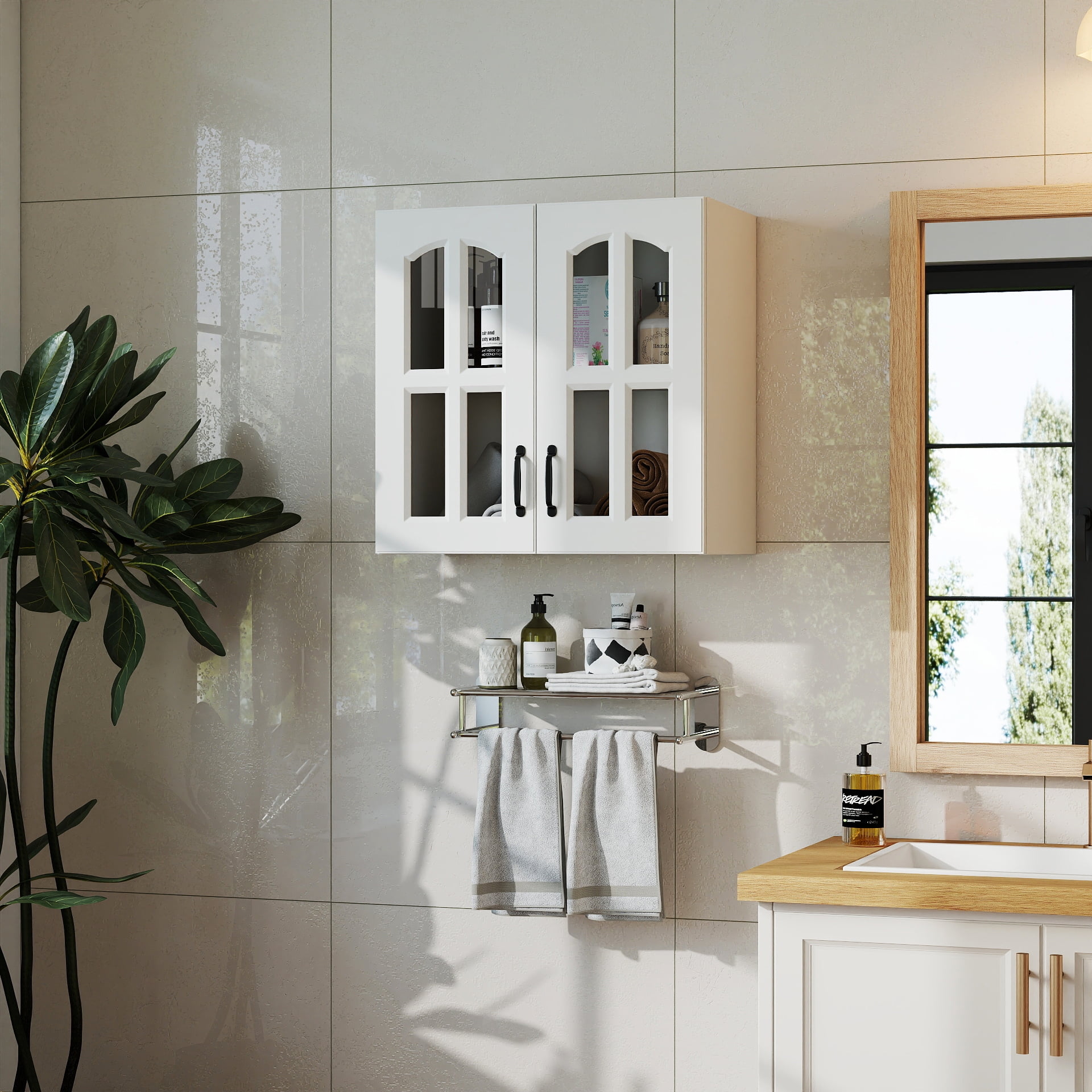 Mintazer Bathroom Wall Cabinet with 4-Pane Glass Doors, Wall-Mounted Storage Cabinet with Adjustable Shelf for Bathroom Kitchen, White