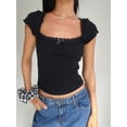 thumbnail image 5 of Women Y2k Short Sleeve Crop Tops Square Neck Lace Trim Bow Front T-shirt Slim Fitted Shirts Tees Streetwear, 5 of 6