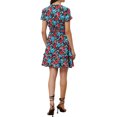 thumbnail image 3 of Unique Bargains Robe Florale pour Femmes Col en V Profond Nœud Smocké Volants Mini Robes Noir TP, 3 of 5