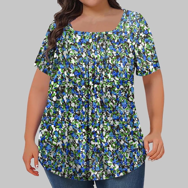 Puntoco Liquidación de blusas cortas para mujer Blusa holgada de manga corta plisada con cuello grande y estampado para mujer L-5xl