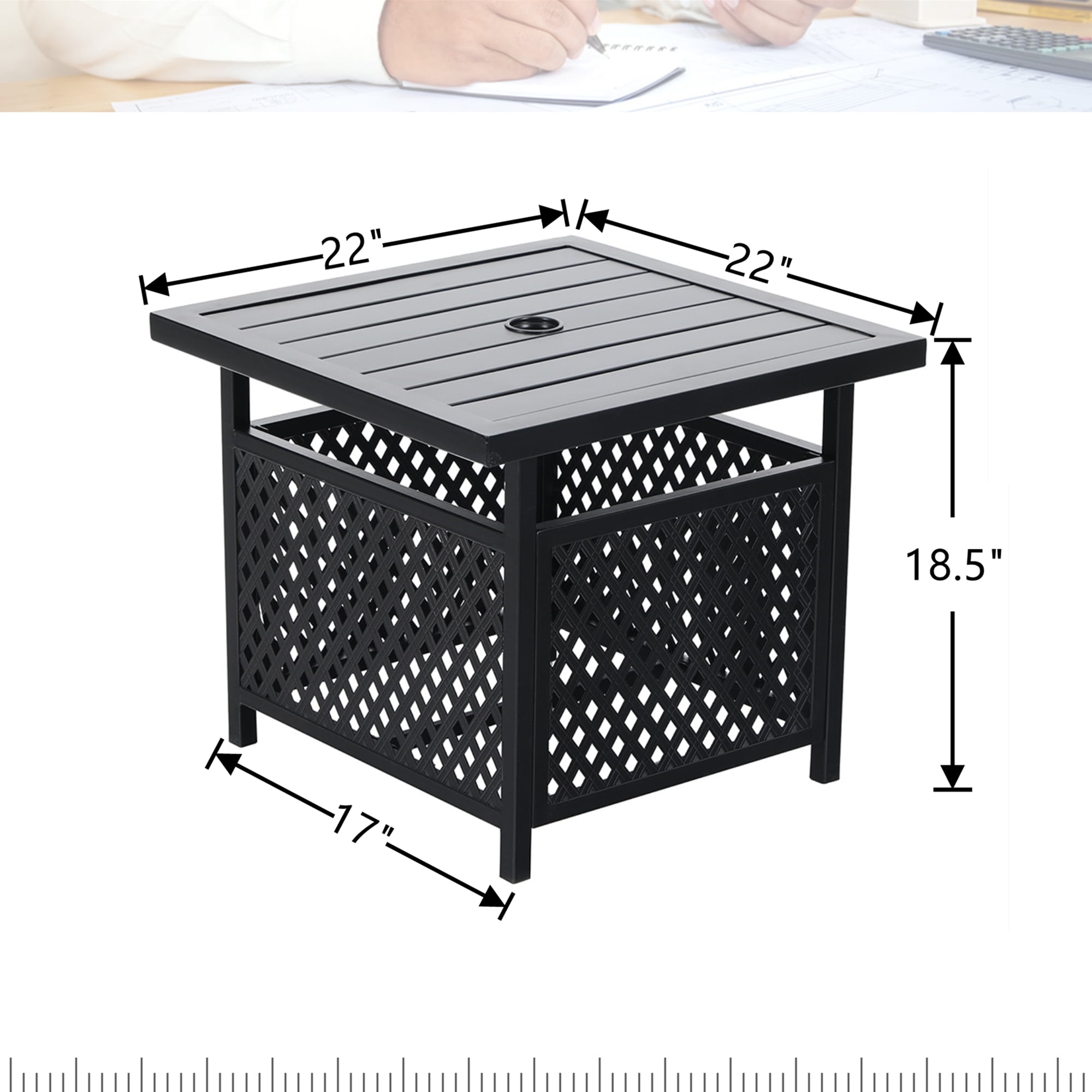 SUMMT LIVING 4-Piece Outdoor Conversation Set with 9 ft Umbrella, Side Table & Two Stack-able Chairs, Black & Beige
