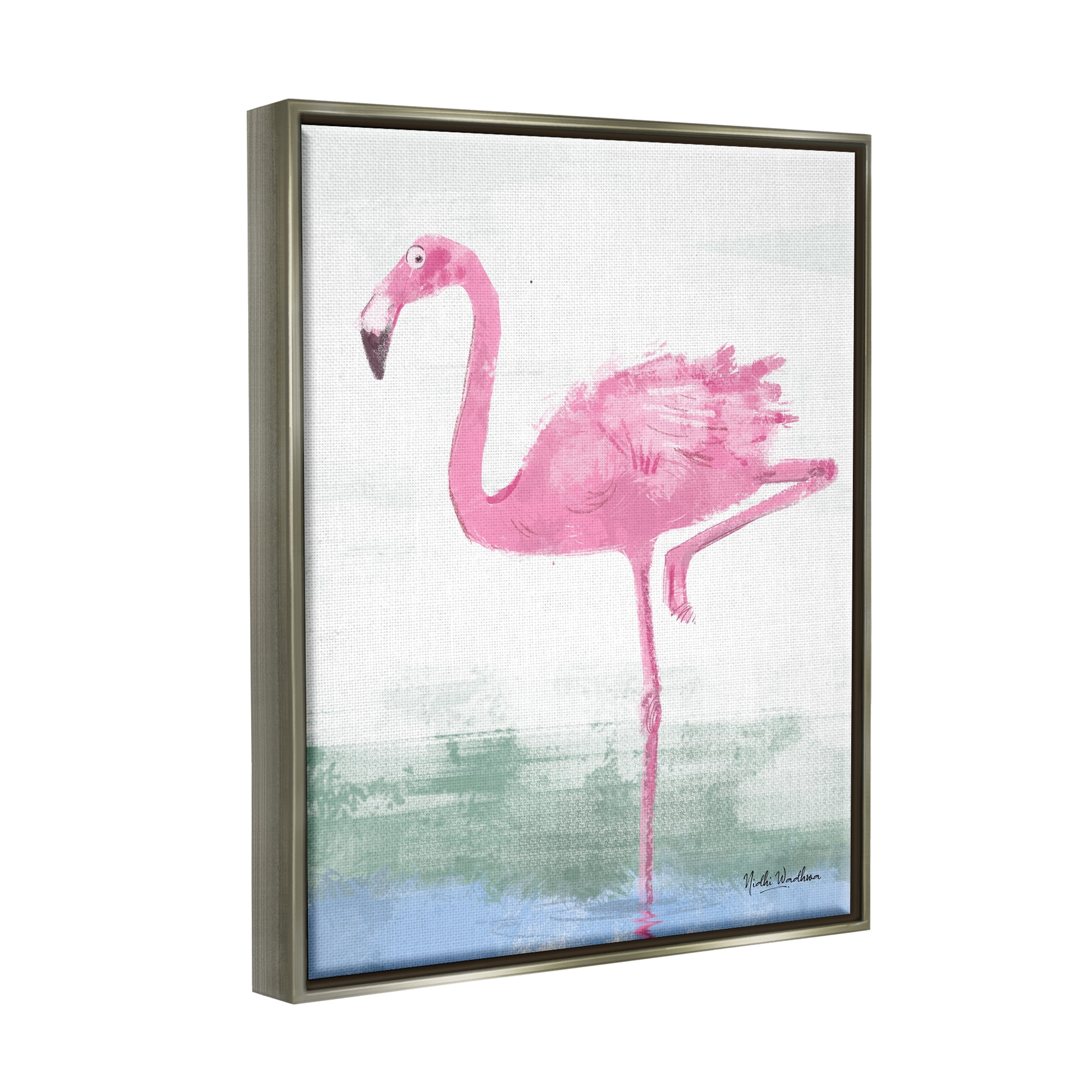 Stupell Industries Pink Flamingo Painting Animals & Insects Painting Gray Floater Framed Art Print Wall Art, 17 x 21