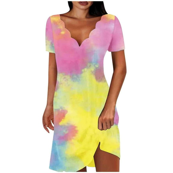 XuJwPNcy Mini Dress for Women V Neck Short Sleeve Short Tunic Dresses Going out Party Shirt Dresses