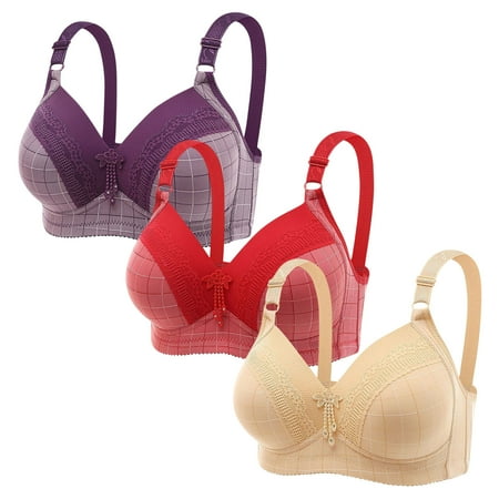 Lisbinx Nursing Bras 3PC Women Plus Size Lace Stitching Plaid Printing Non-Steel Ring Non-Magnetic Buckle Underwear Bra Todays Clearance Deals Prime