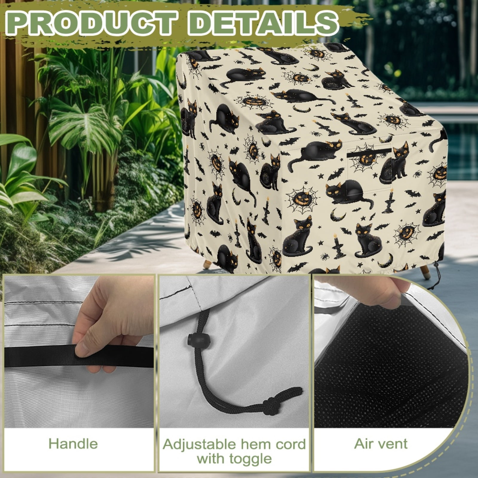 Renewold Outdoor Chair Covers Waterproof Adirondack Chair Covers Weather-Proof Lawn Patio Furniture Protection for Patio Deck Porch Halloween Decor, 32"x35"x36", Black Cat Pumpkin Bat Beige