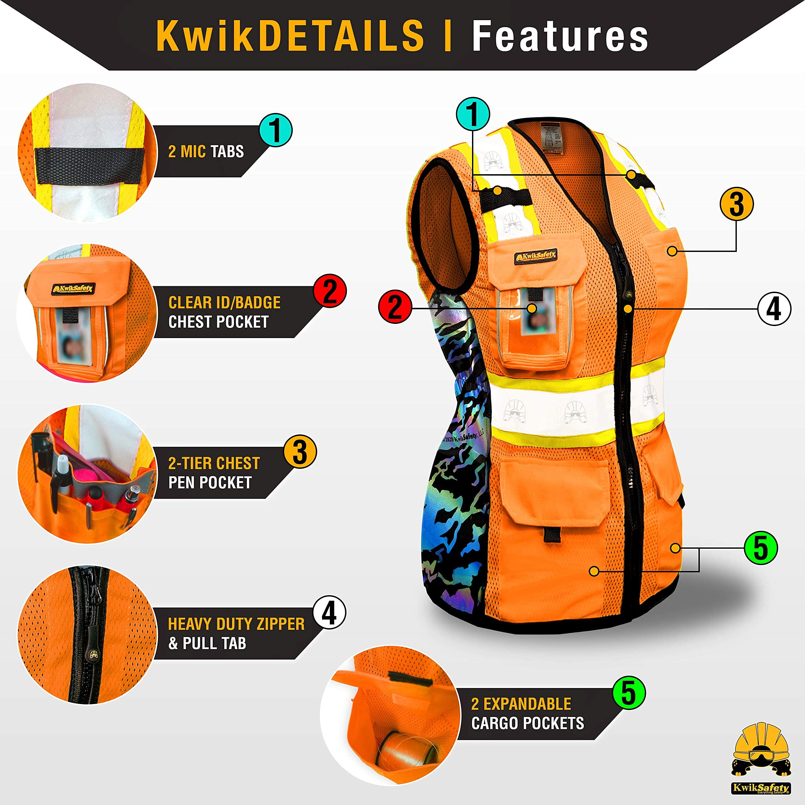KwikSafety (Charlotte, NC) TIGER QUEEN Safety Vest for Women (IRIDESCENT Design) 9 Pockets Premium Class 2 Custom High Visibility ANSI OSHA Reflective Construction with Zipper | Orange Small