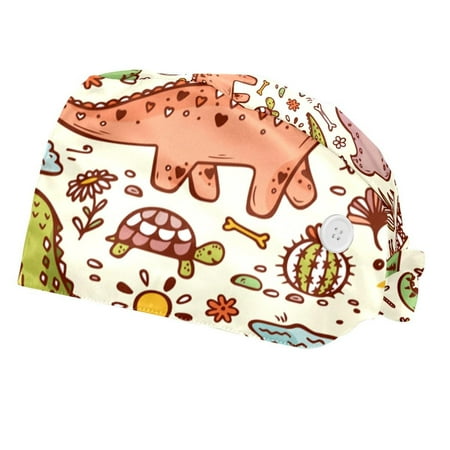 

2PCS Working Cap with Buttons and Sweatband Adjustable Tie Back Hats Bouffant Caps Dinosaur Scrub Turban Hat
