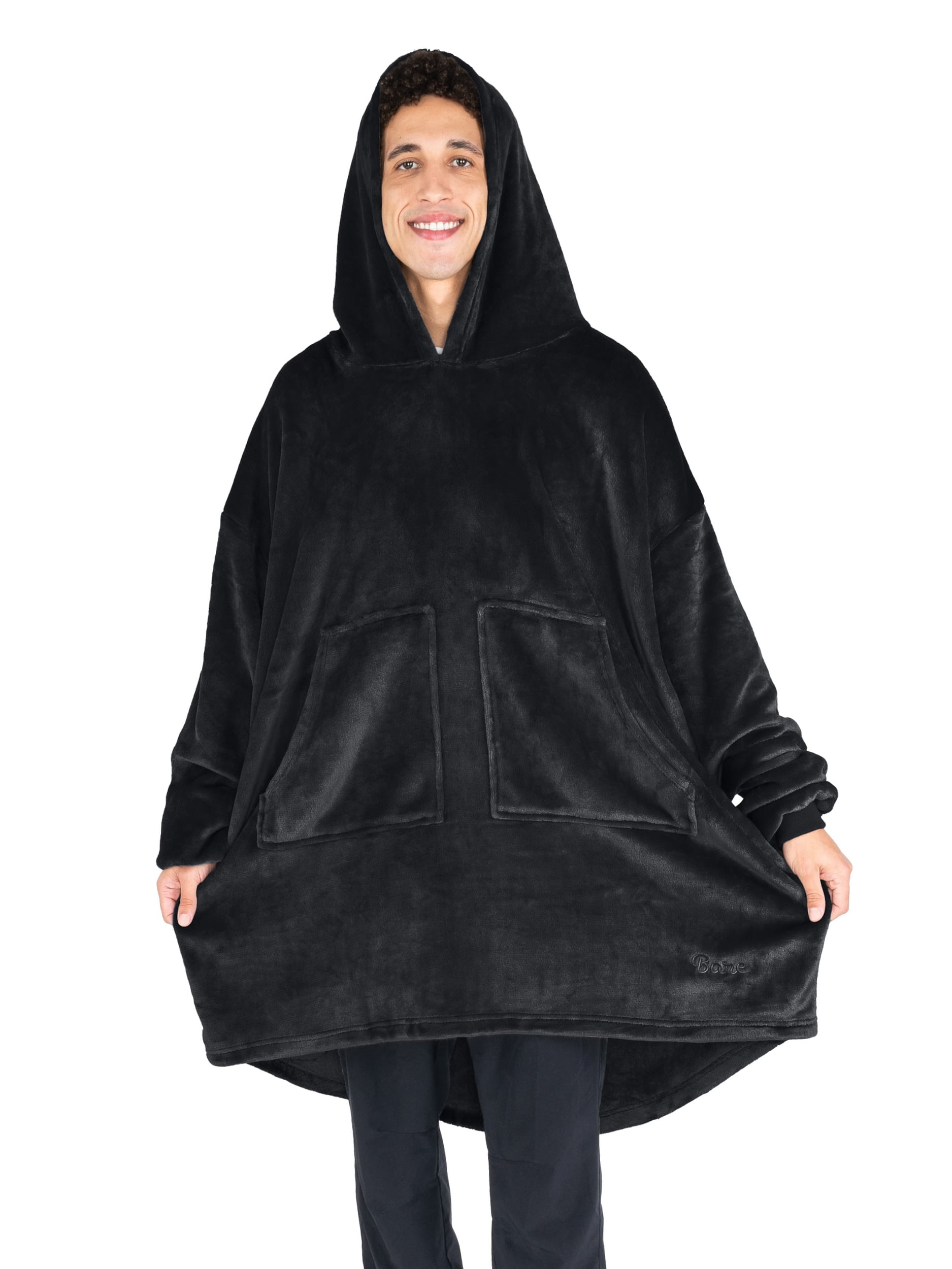 Bare Homey Adult Size Microplush Wearable Blanket, Split Front Pocket, Black