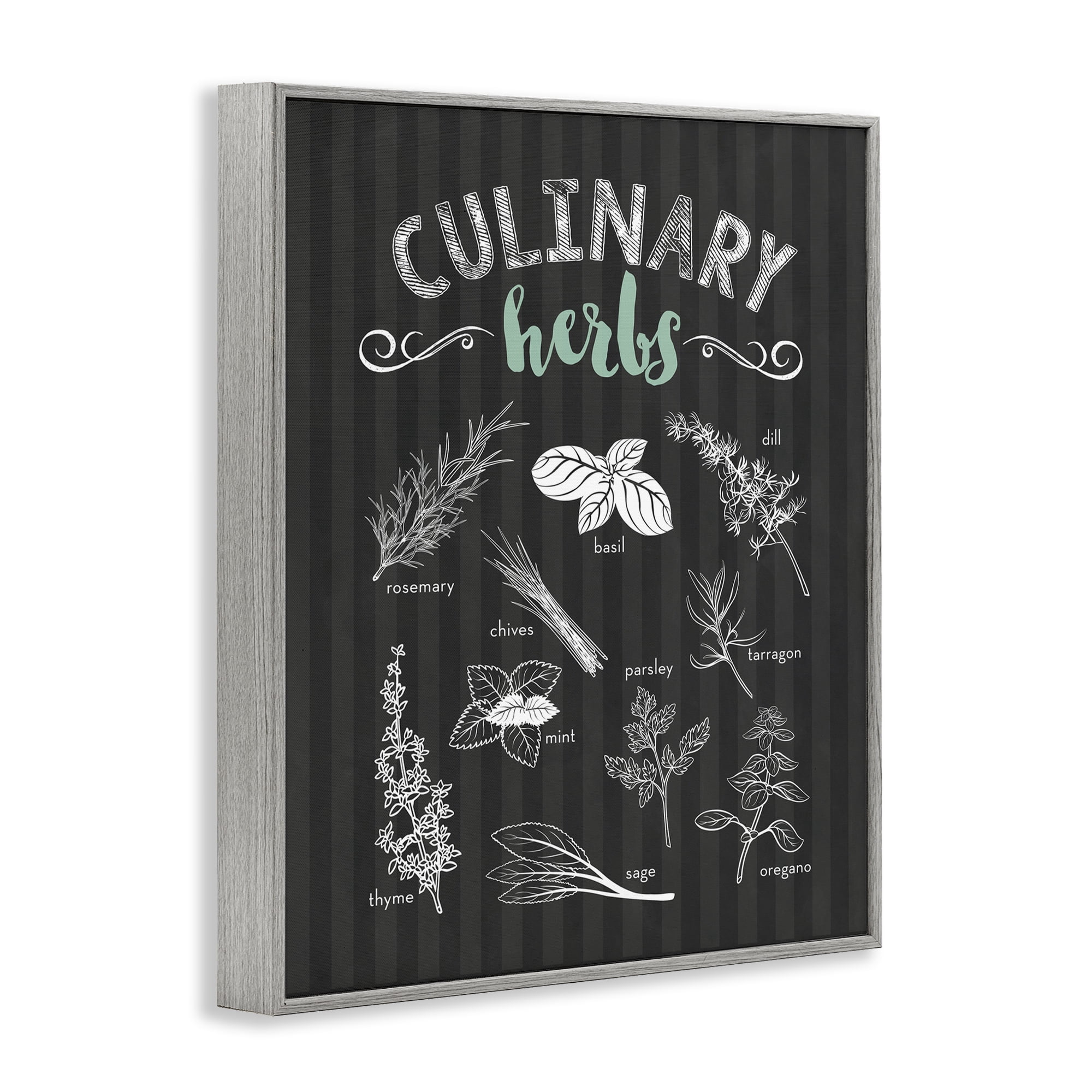 Culinary Herbs on Stripes Gray Framed Giclee Art, design by Lettered and Lined