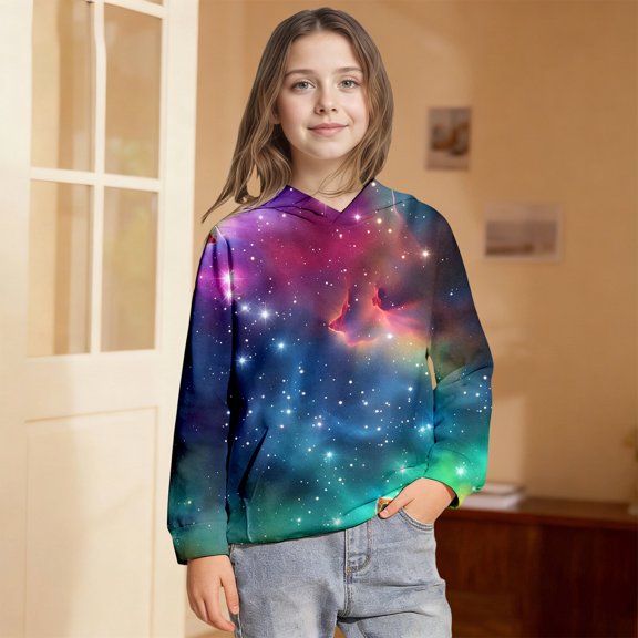 SOFTCCLO Girls Hoodies Space Galaxy Print Loose Pullover Hoodie Top Casual Comfort Hoodies for Girls Size 3-4Y