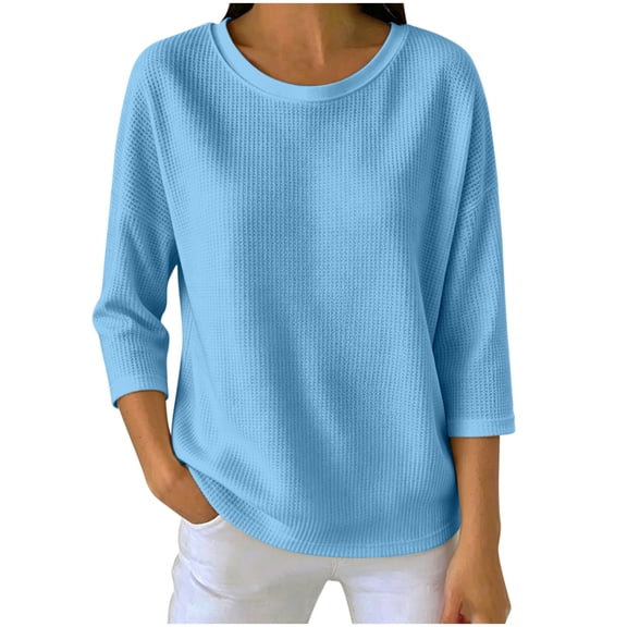 KyCheLot Women's Crew Neck Sweatshirt Solid Color 3/4 Length Sleeve Clothes Lightweight Vacation Sweatshirts