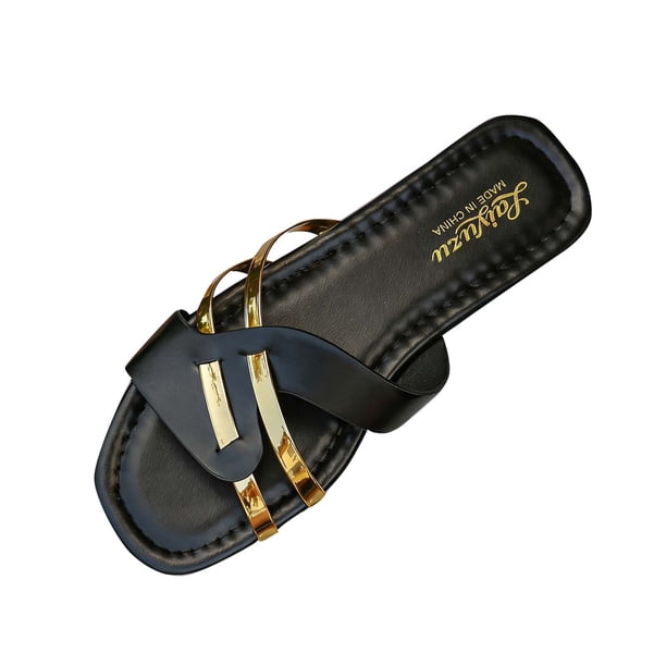 Negro Y Blanco Zapato Encajes Estilo Hebilla Metálica Crisscross Correa Sandalias, Zapato Negro Plano Encajes Inspirados Zapatos de Playa de Tamaño Mayor