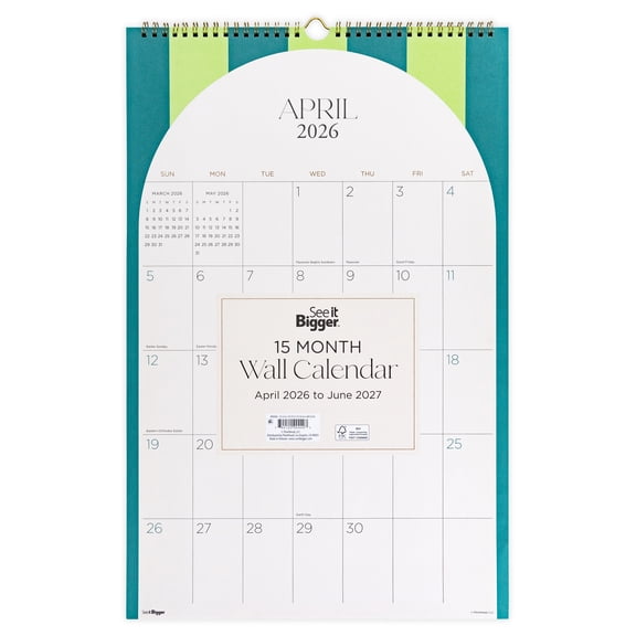 See It Bigger Wall Calendar, Medium (12.5" x 19.2"), Green, 15-Month: Apr 2026 - Jun 2027