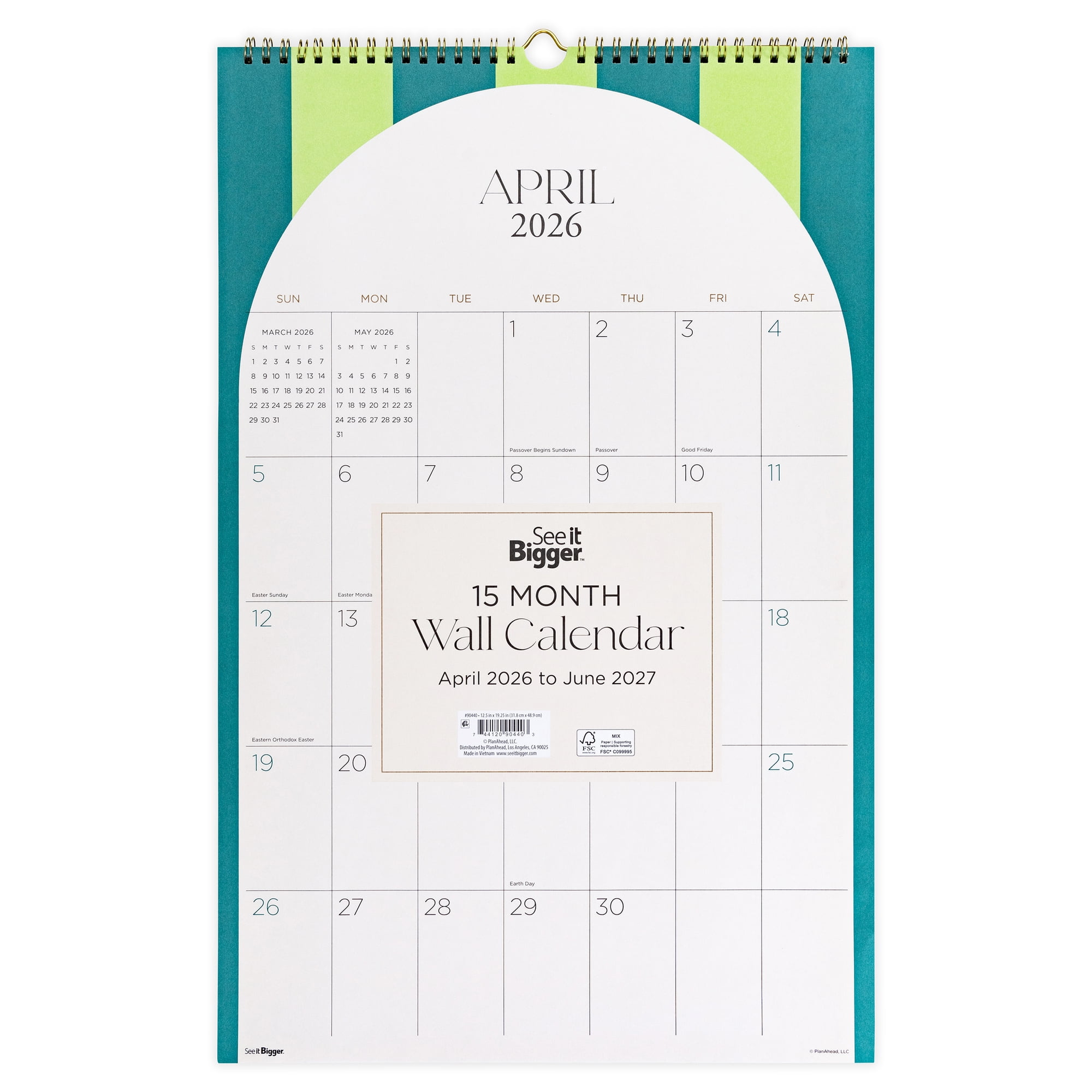 See It Bigger Wall Calendar, Medium (12.5" x 19.2"), Green, 15-Month: Apr 2026 - Jun 2027