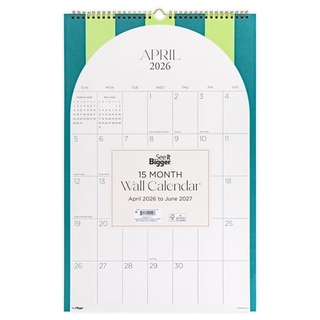 See It Bigger Wall Calendar, Medium (12.5" x 19.2"), Green, 15-Month: Apr 2026 - Jun 2027