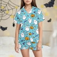 thumbnail image 2 of CAUYDY Pumpkin Ghost Pajamas For Girl Boy Halloween Short Sleeve Shorts Silk Pj Sets Kids Halloween Lounge Sleepwear(Sky Blue,10-11 Y), 2 of 5