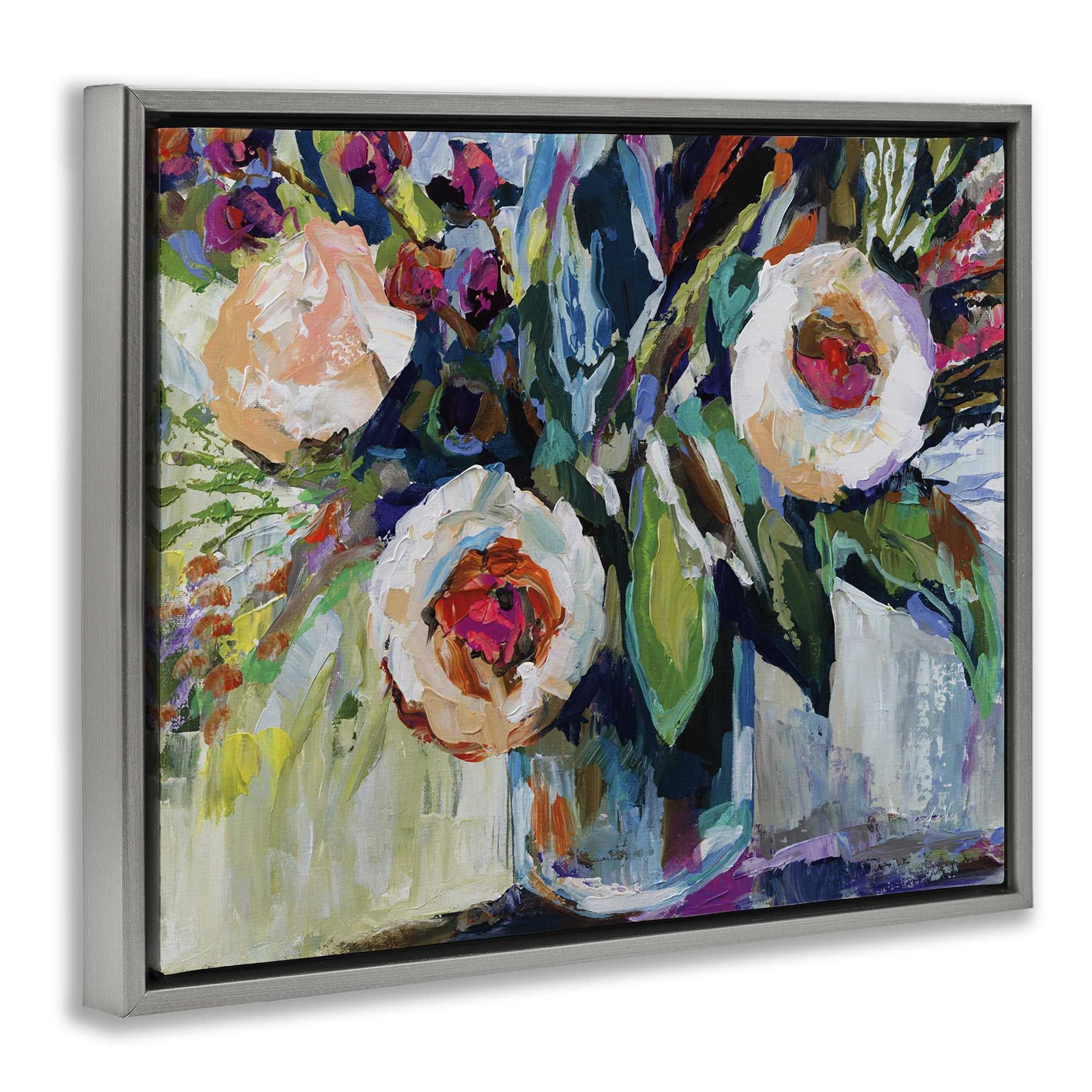 Stupell Industries Modern Fiesta Flowers Plants & Flowers Painting Gray Floater Framed Canvas Art Print Wall Art, 31 x 25