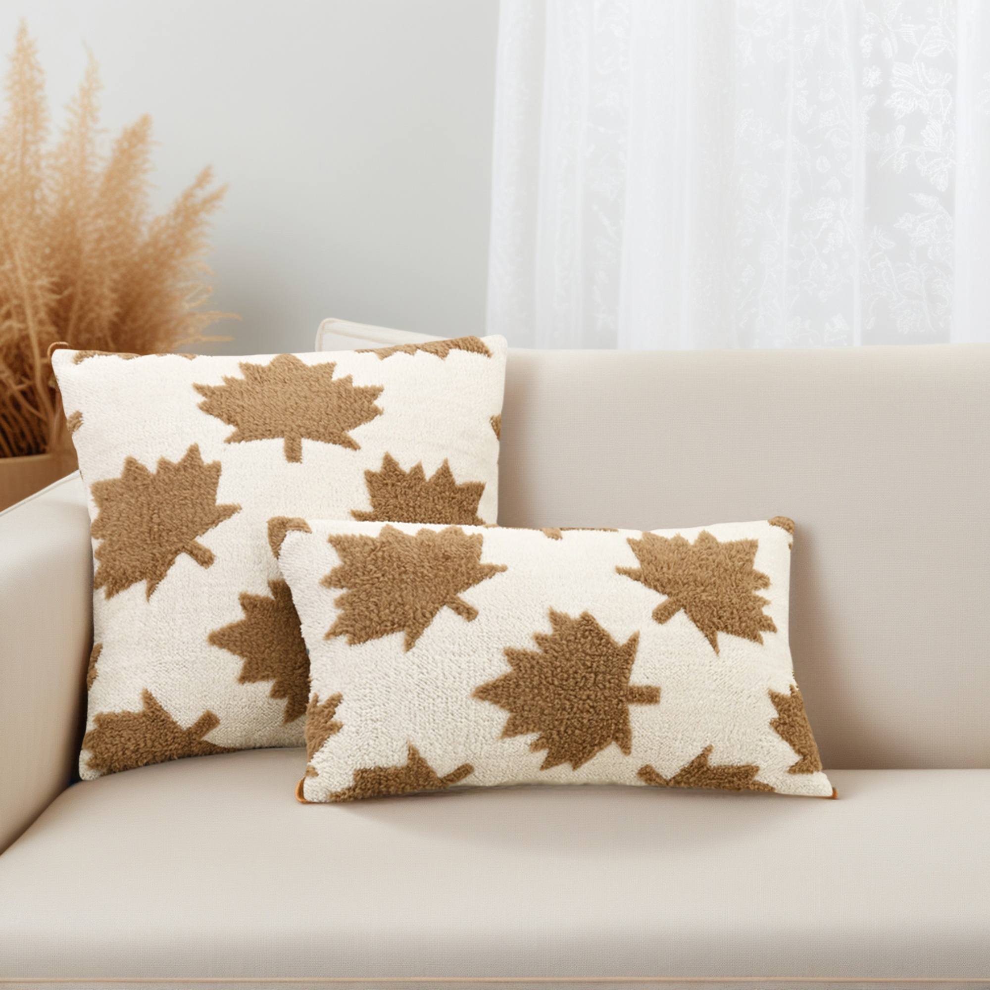 Unique Bargains Pack of 2 Maple Leaf Jacquard Throw Pillow Covers 20"x12" Brown