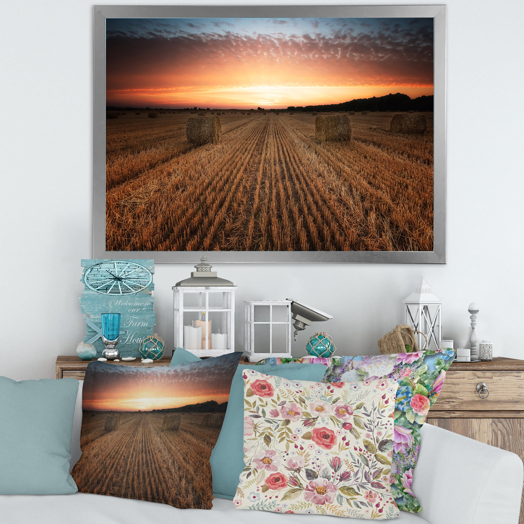 Designart 'A Field Full of Hay Bales At Sunset Landscape' Farmhouse Framed Art Print