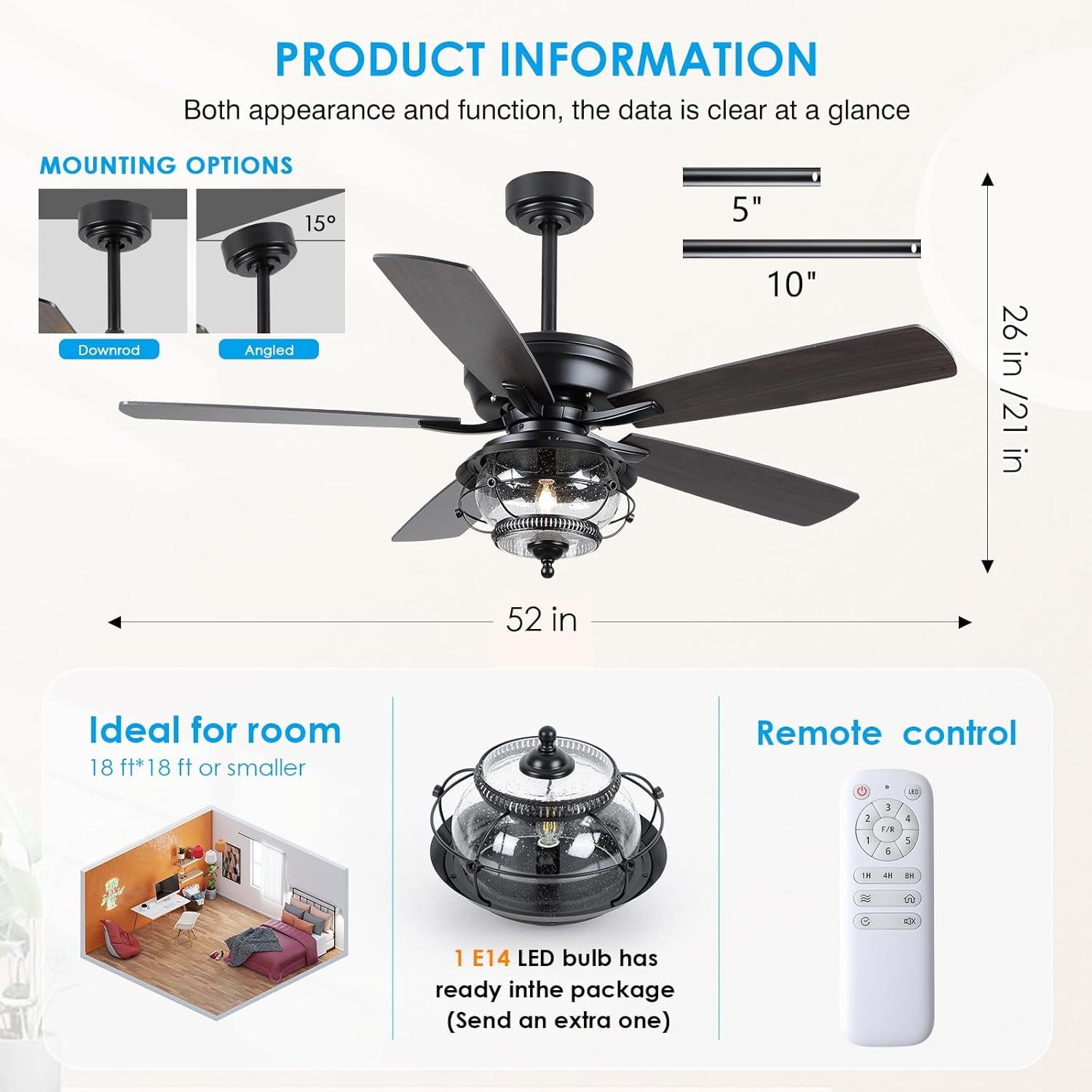 Phorus 52" Outdoor Ceiling Fan with Light – Wet Rated Waterproof, Rain-Proof, 6-Speed Reversible Motor, Remote Control, Black Modern Fan for Patio, Gazebo, Pergola, Porch