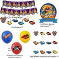 thumbnail image 3 of Suministros para fiestas de Hot Wheels, globos de carreras para decoración de fiestas, banderas para niños, pancartas de feliz cumpleaños, globos de carreras a cuadros con llamas blancas y negras, 3 of 5