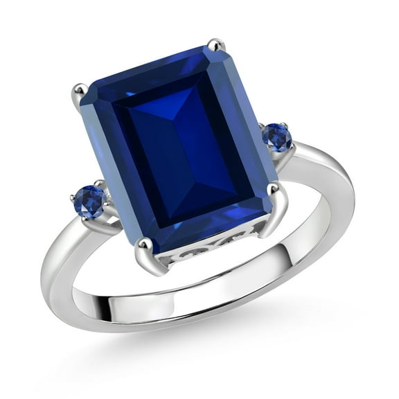 Gem Stone King 925 Sterling Silver 12X10MM Blue Simulated Sapphire and 2MM Blue Created Sapphire 3 Stone Engagement Ring for Women | 6.79 Cttw | Gemstone September Birthstone | Size 8