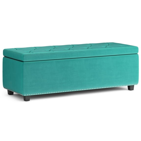 Simpli Home Hamilton 48 inch Wide Traditional Rectangle Storage Ottoman in Aqua Blue Velvet Fabric