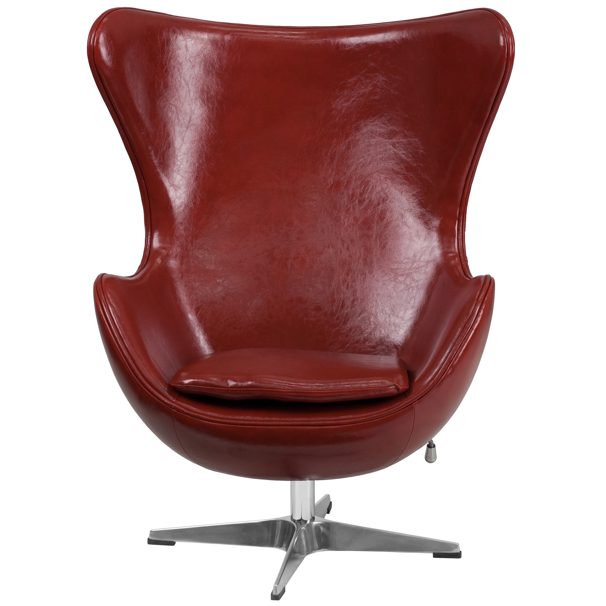 43” Cordovan Red Leather Swivel Egg Lounge Chair with Curved Arms and