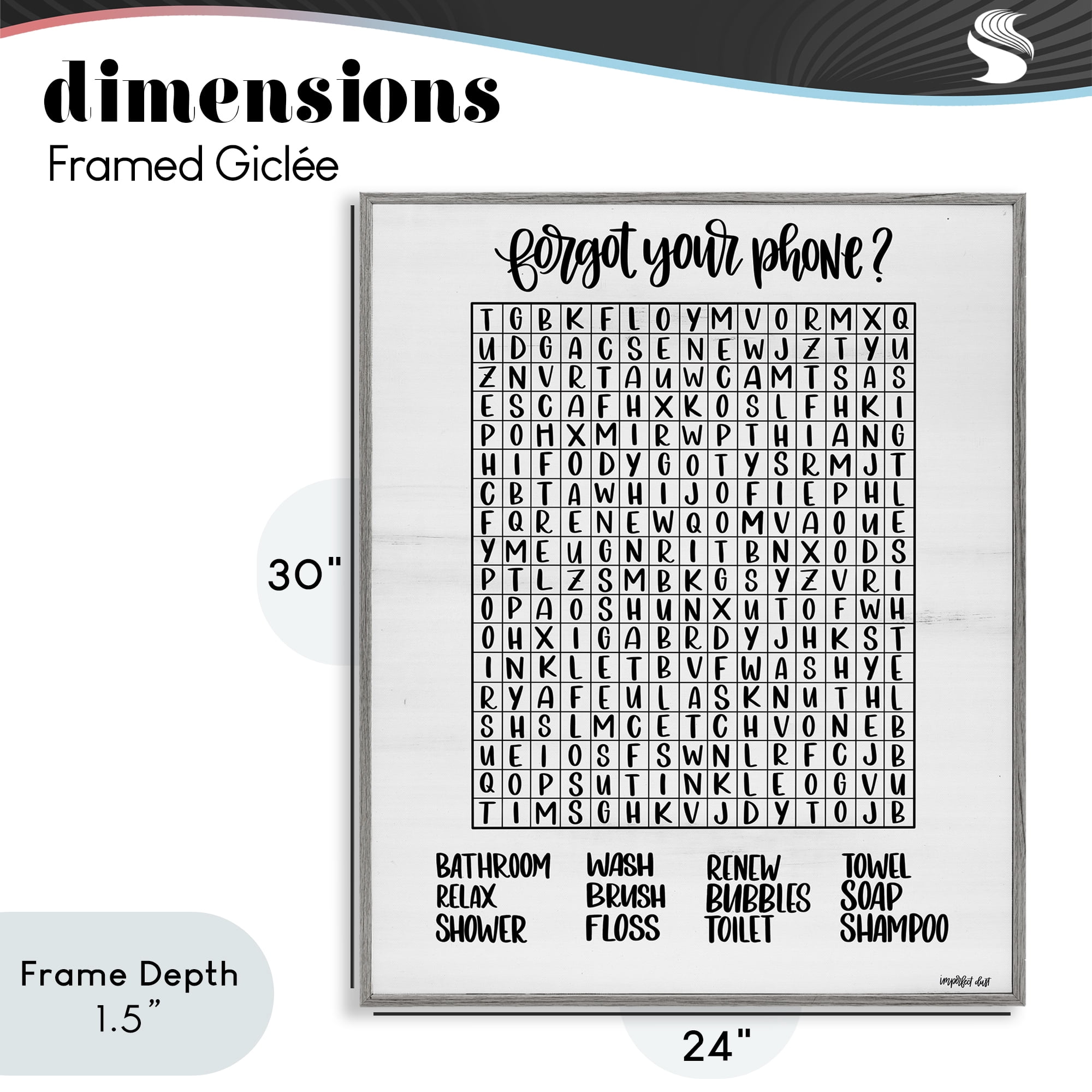 Stupell Industries Forgot Phone Bathroom Wordsearch Gray Framed Giclee Art, design by Imperfect Dust
