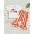 thumbnail image 2 of TSEXIEFOOFU Kids Girls Summer Outfits Letter Print Short Sleeve T-shirt and Elastic Rainbow Stripes Flare Pants Set, 2 of 9